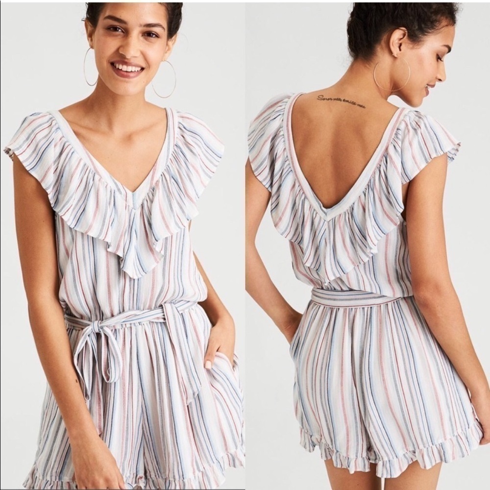 AMERICAN EAGLE V-Neck Ruffle Striped Romper